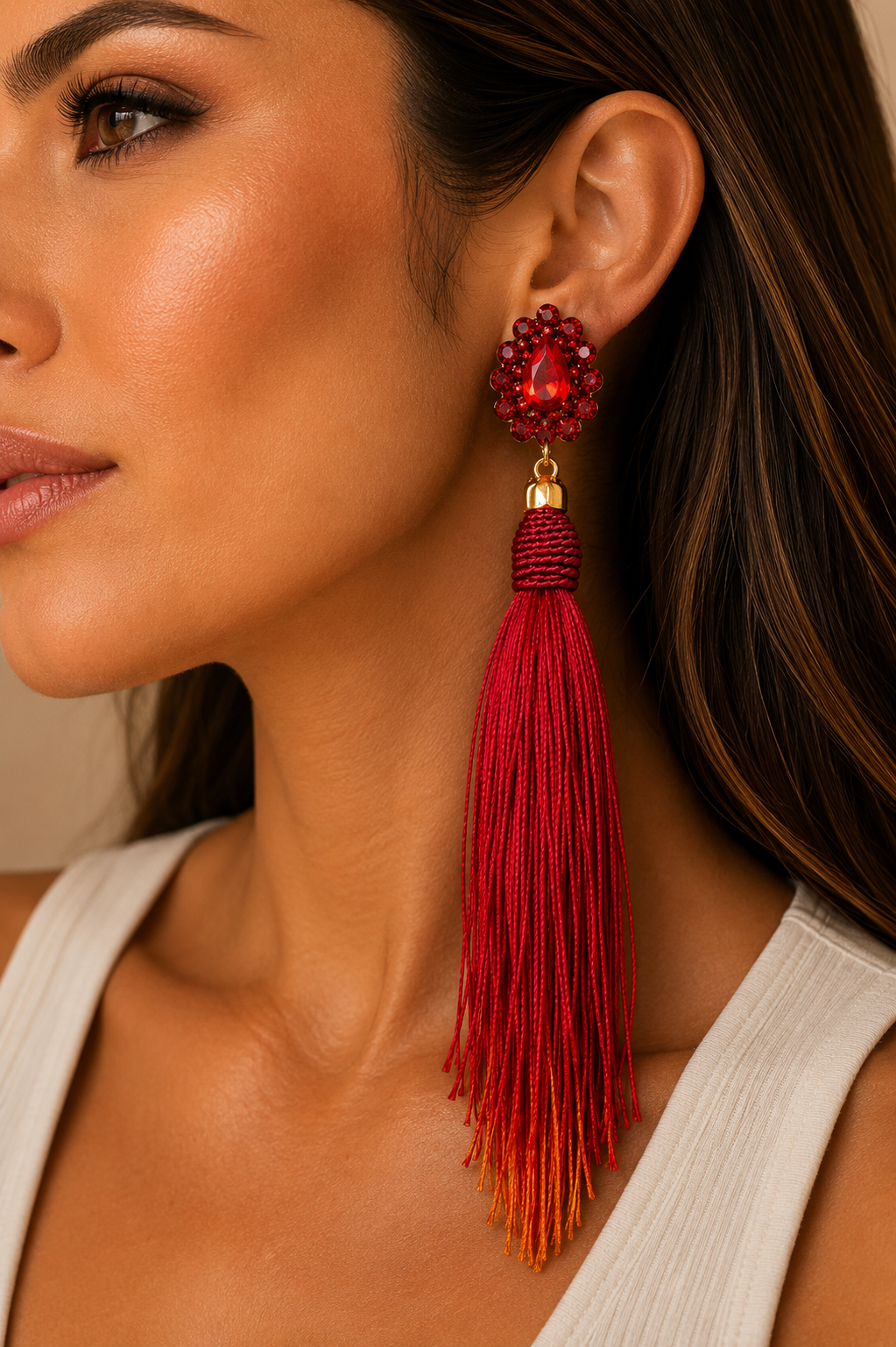 Red & Orange Crystal Tassel Statement Earrings