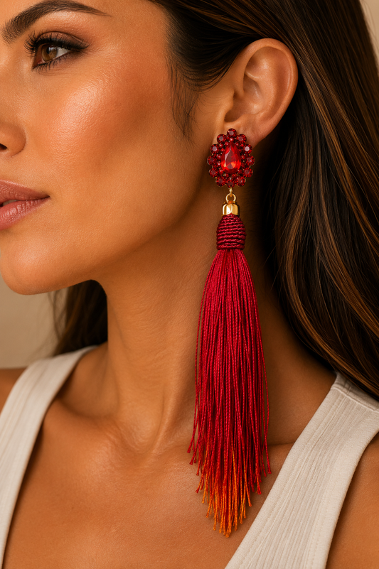Red & Orange Crystal Tassel Statement Earrings