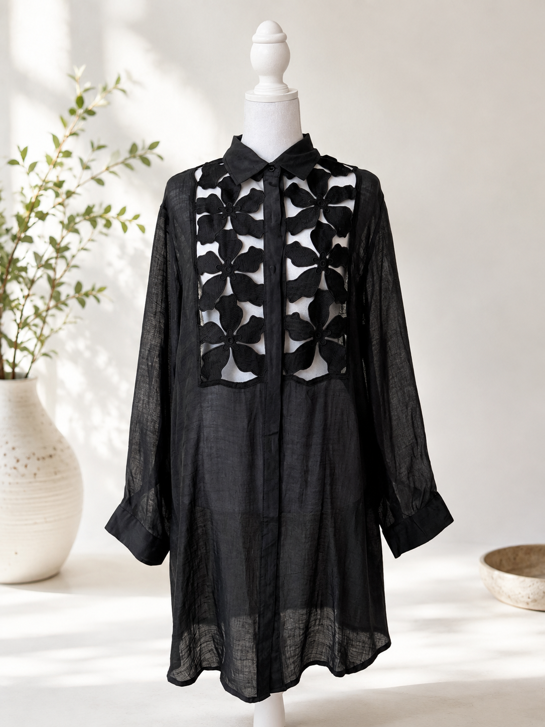 Black Floral Lace Button-Down Beach Cover-Up Shirt Dress