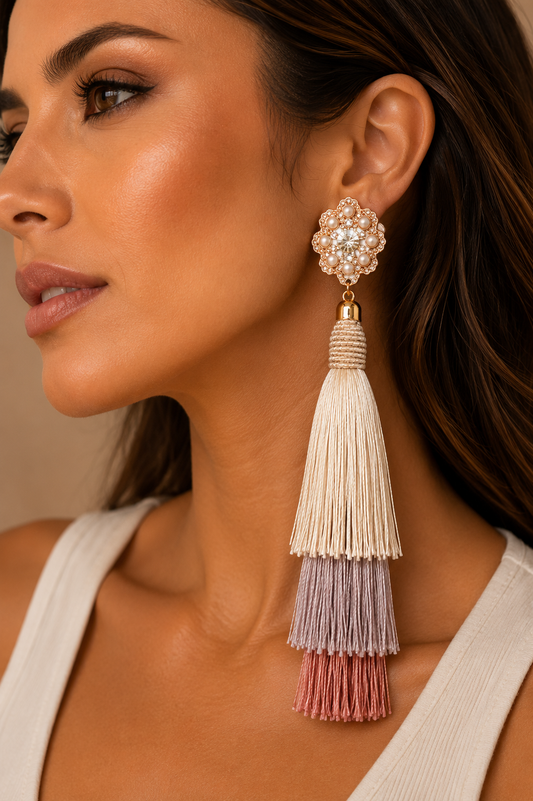 Ivory & Blush Tiered Tassel Statement Earrings