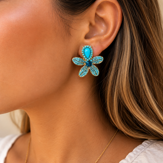 Turquoise Crystal Floral Statement Earrings