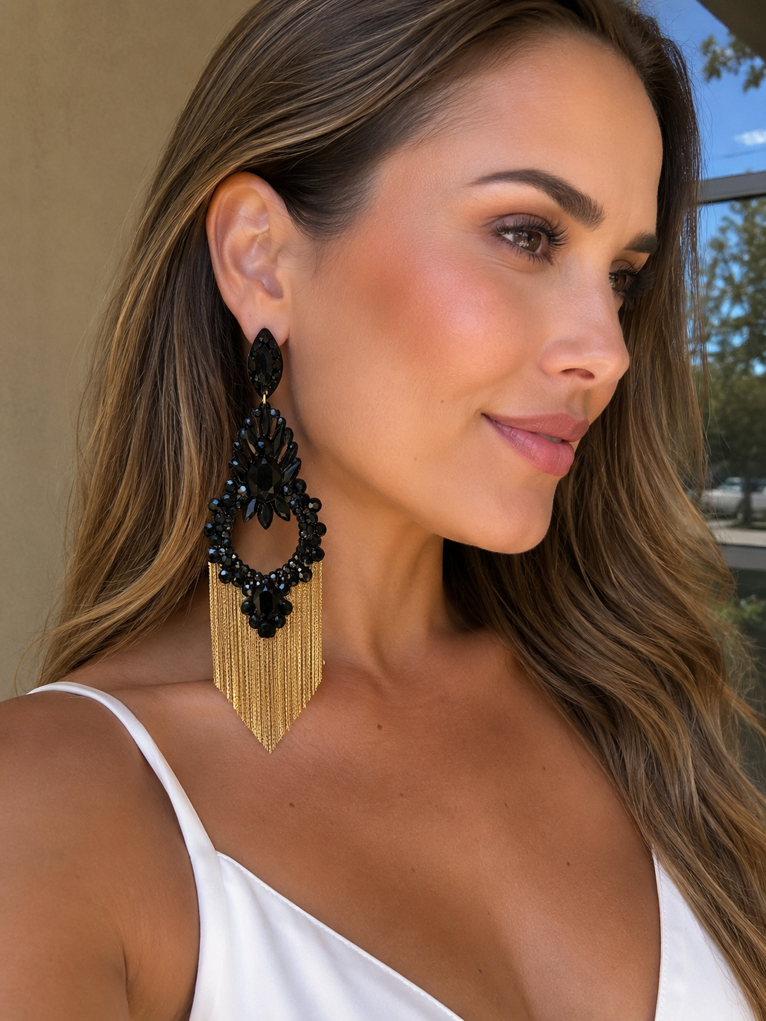 Black and golden fringe earrings