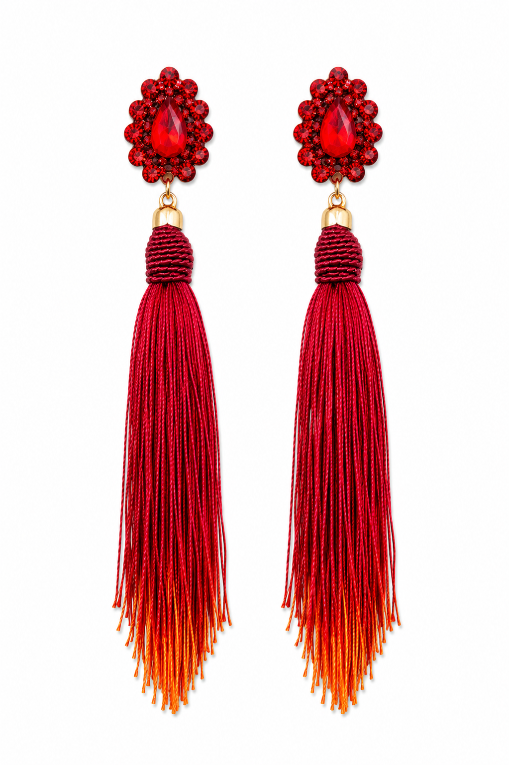 Red & Orange Crystal Tassel Statement Earrings