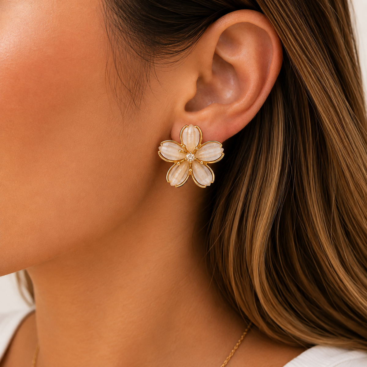 Ivory & Gold Floral Stud Earrings