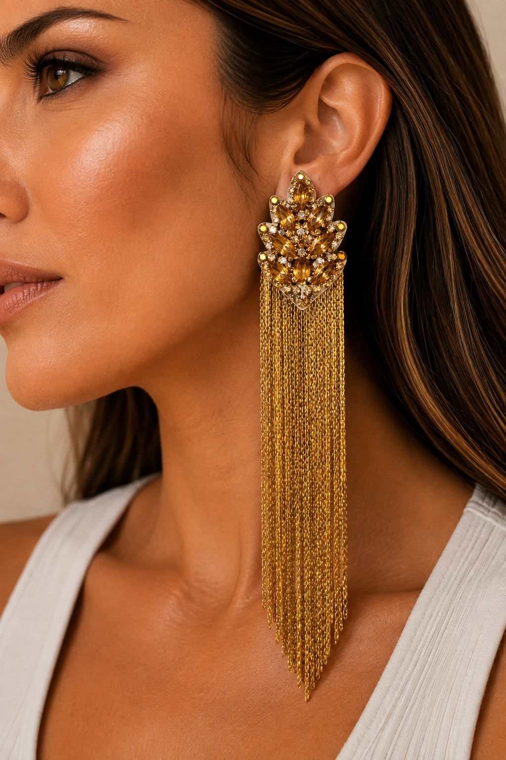 Gold Crystal Fringe Statement Earrings