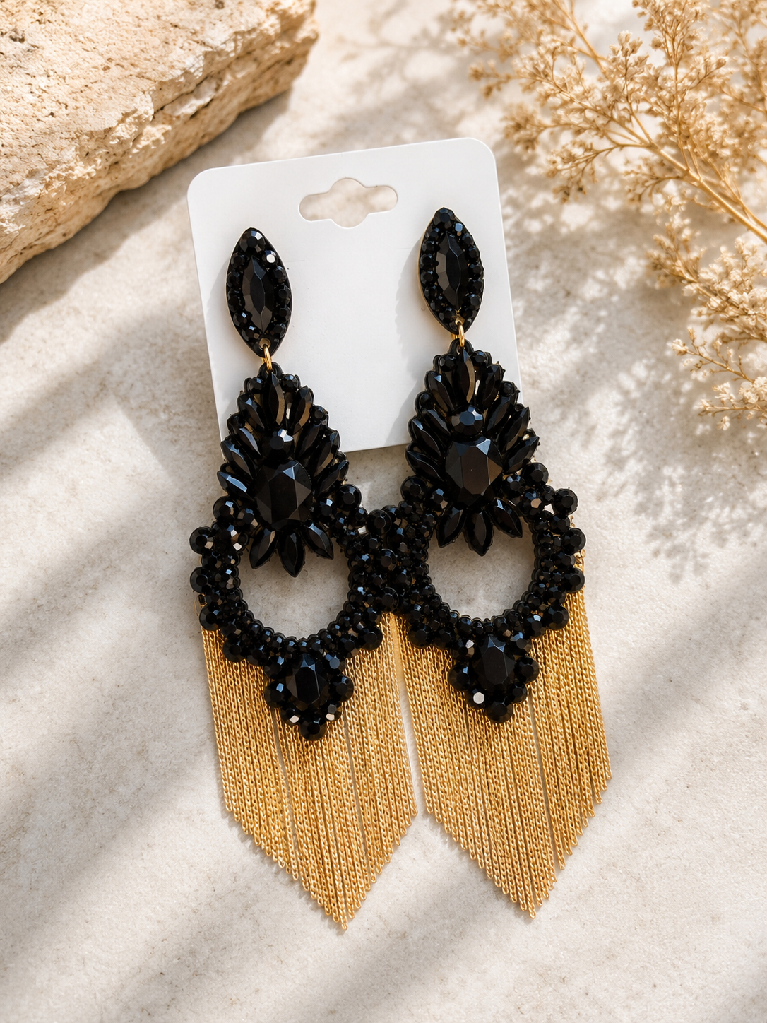 Black and golden fringe earrings