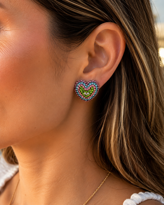 Multicolor Crystal Heart Statement Earrings