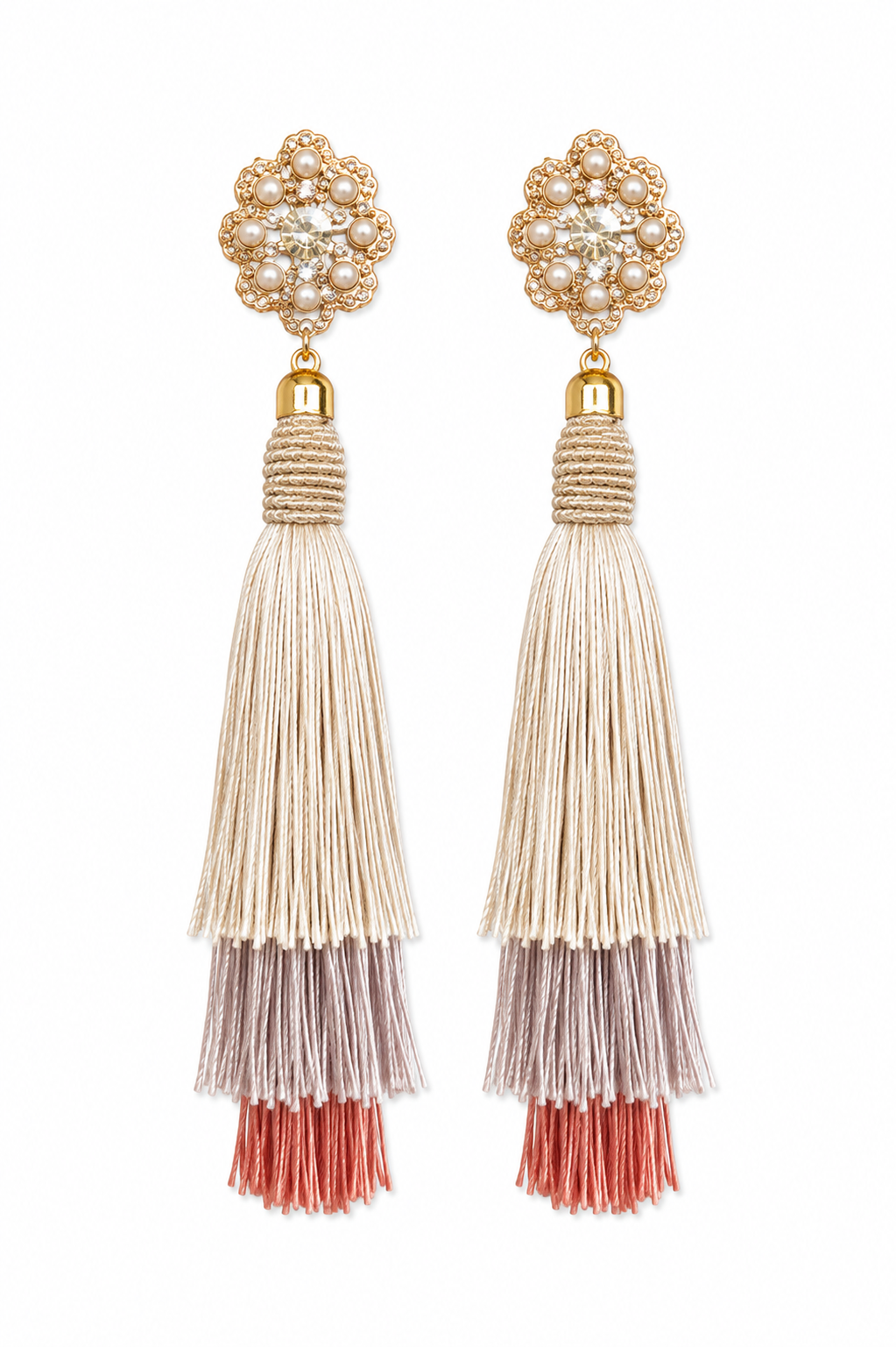 Ivory & Blush Tiered Tassel Statement Earrings