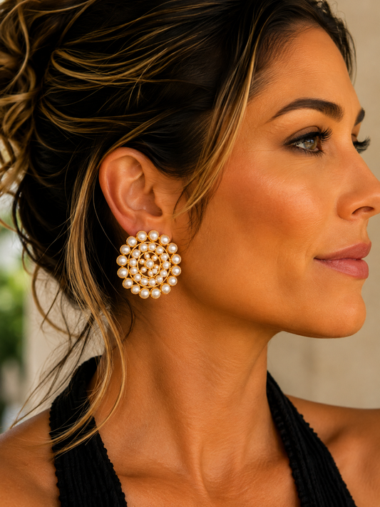 Gold Pearl Spiral Statement Earrings