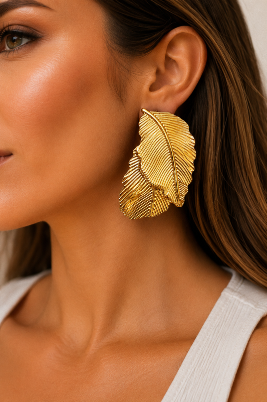 Gold Layered Leaf Statement Earrings