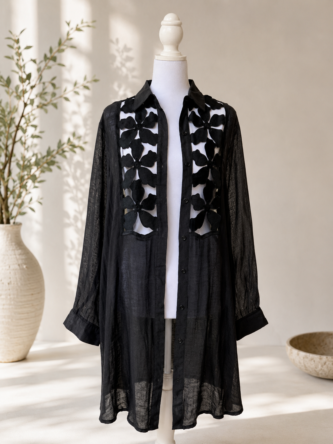 Black Floral Lace Button-Down Beach Cover-Up Shirt Dress