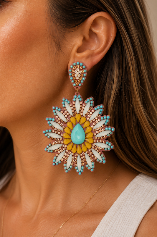 Turquoise Floral Crystal Statement Earrings