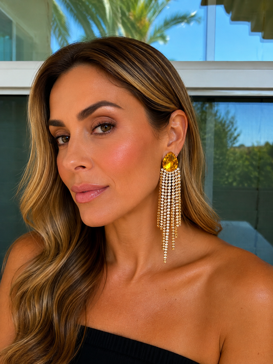 Yellow teardrop-shaped stone fringes earrings