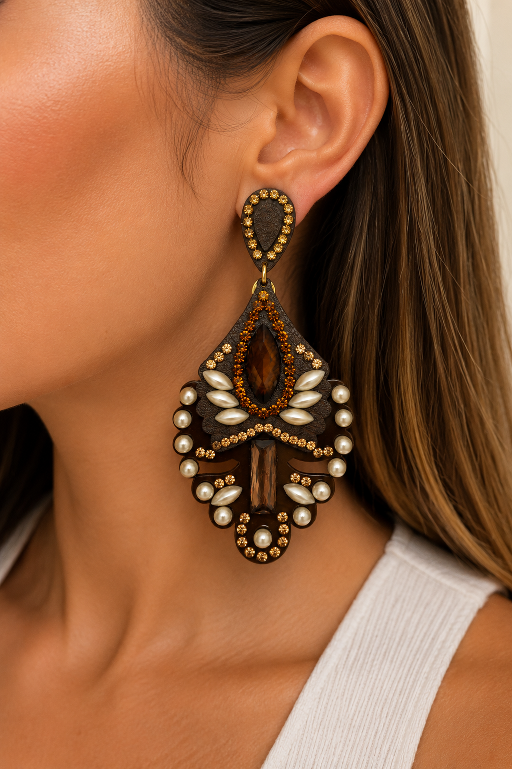 Bronze & Pearl Jeweled Statement Earrings