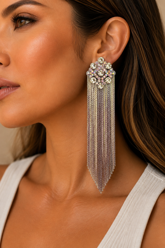 Silver Crystal Fringe Statement Earrings