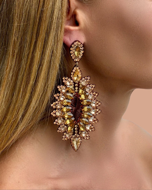 Close-up of a person wearing a sparkling earring with a blurred background