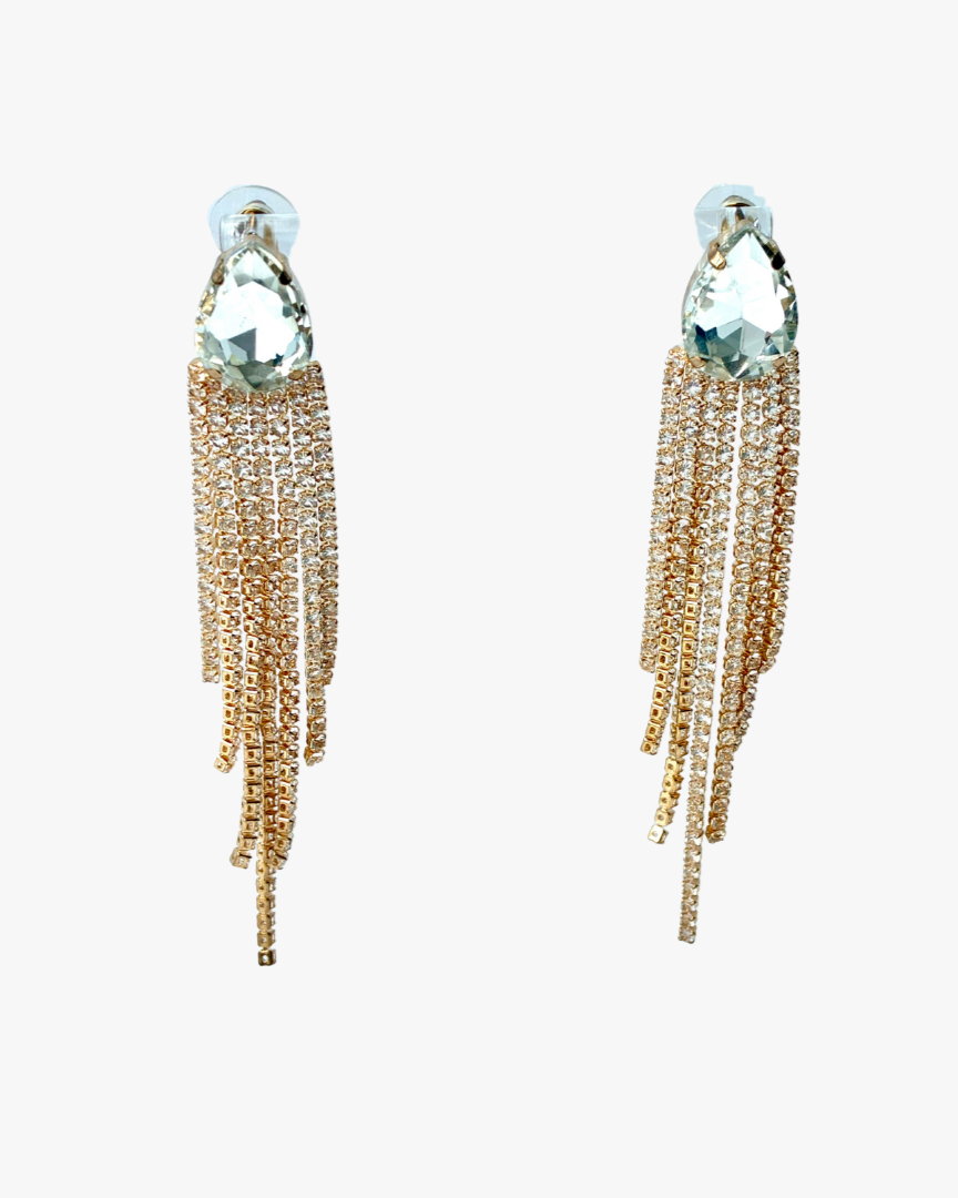 Clear teardrop-shaped stone fringes earrings