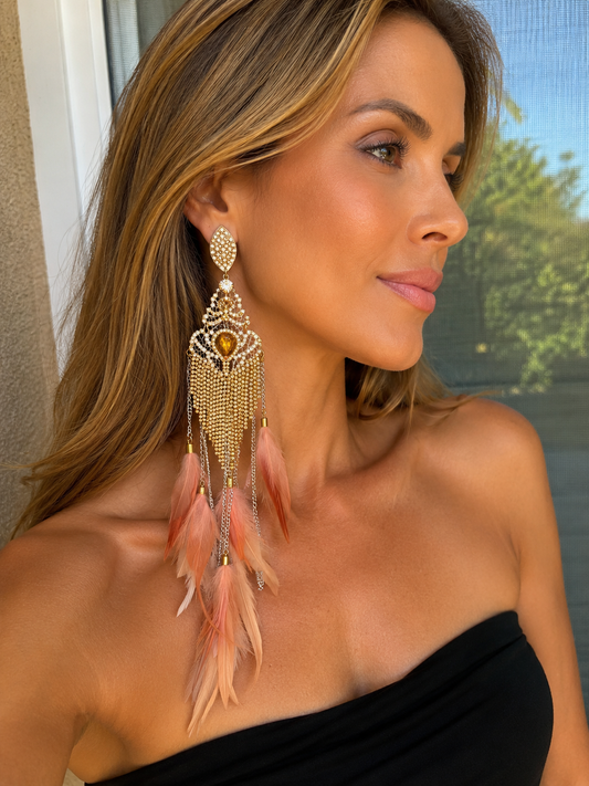 Gold Peach Feathers Earrings