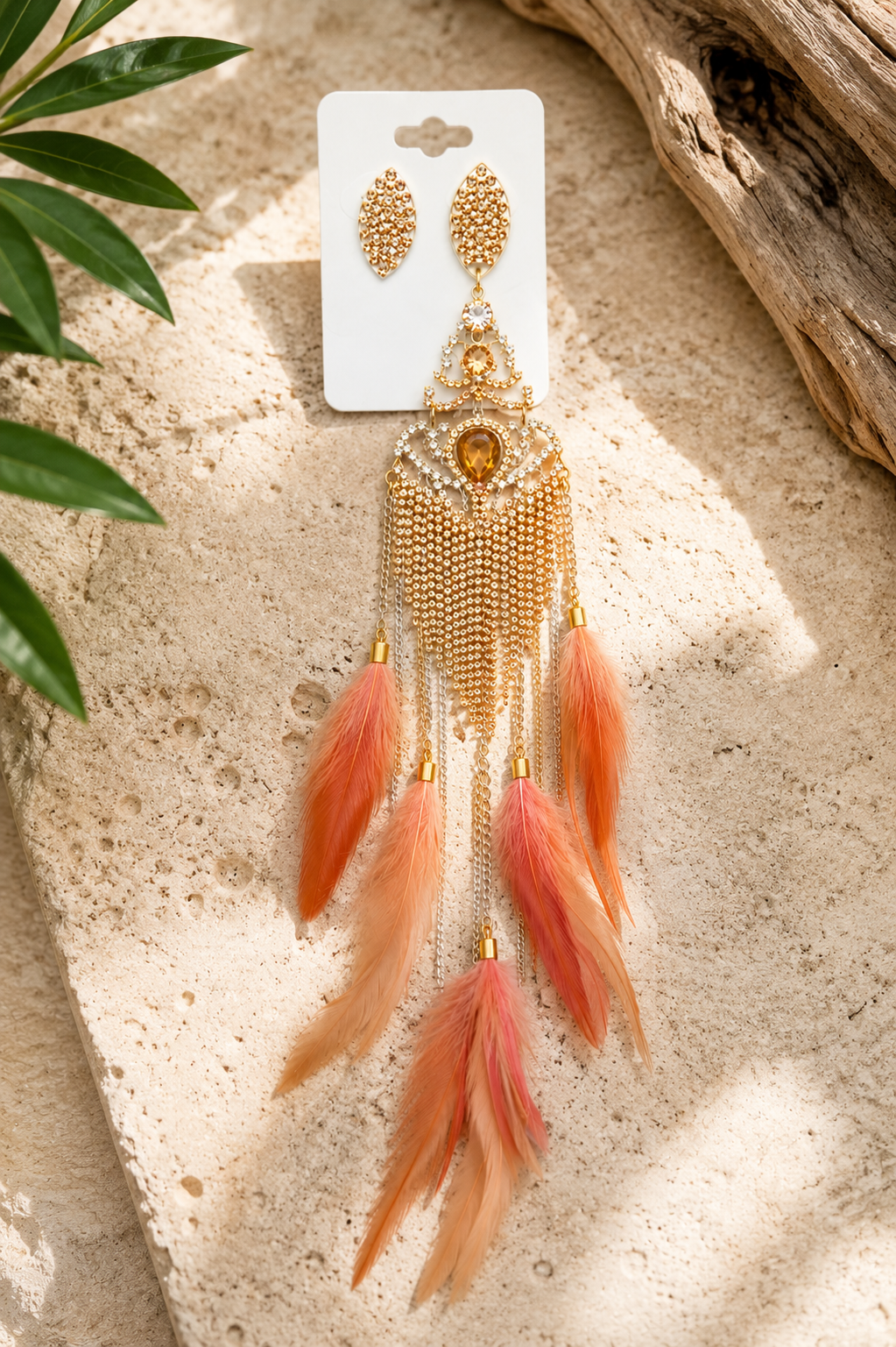 Gold Peach Feathers Earrings