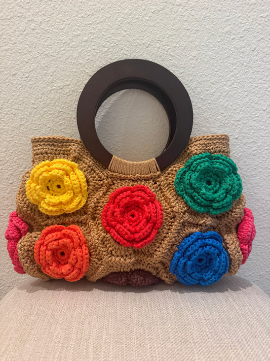 Boho Crochet Flower Tote Bag   Handmade
