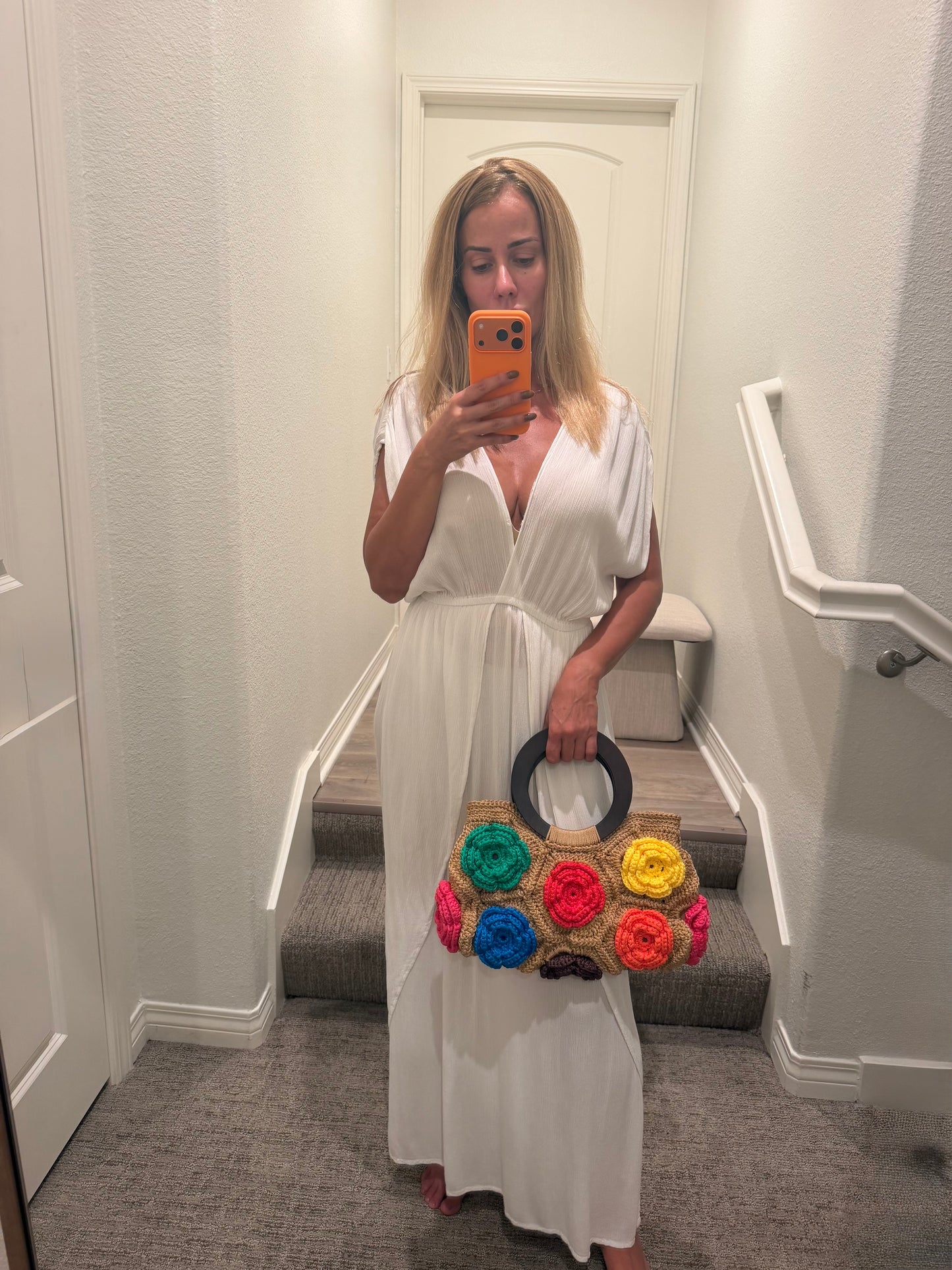 Boho Crochet Flower Tote Bag   Handmade