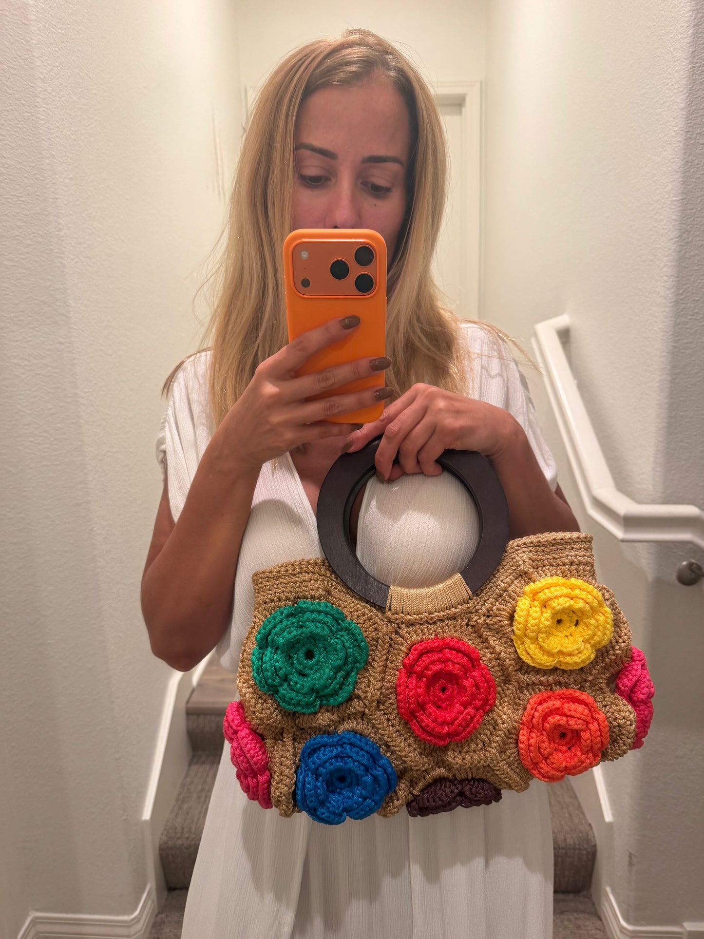 Boho Crochet Flower Tote Bag   Handmade