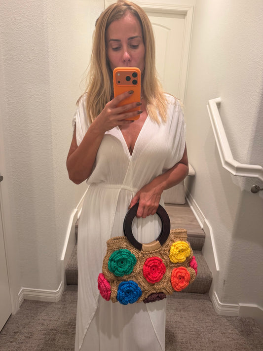 Boho Crochet Flower Tote Bag   Handmade