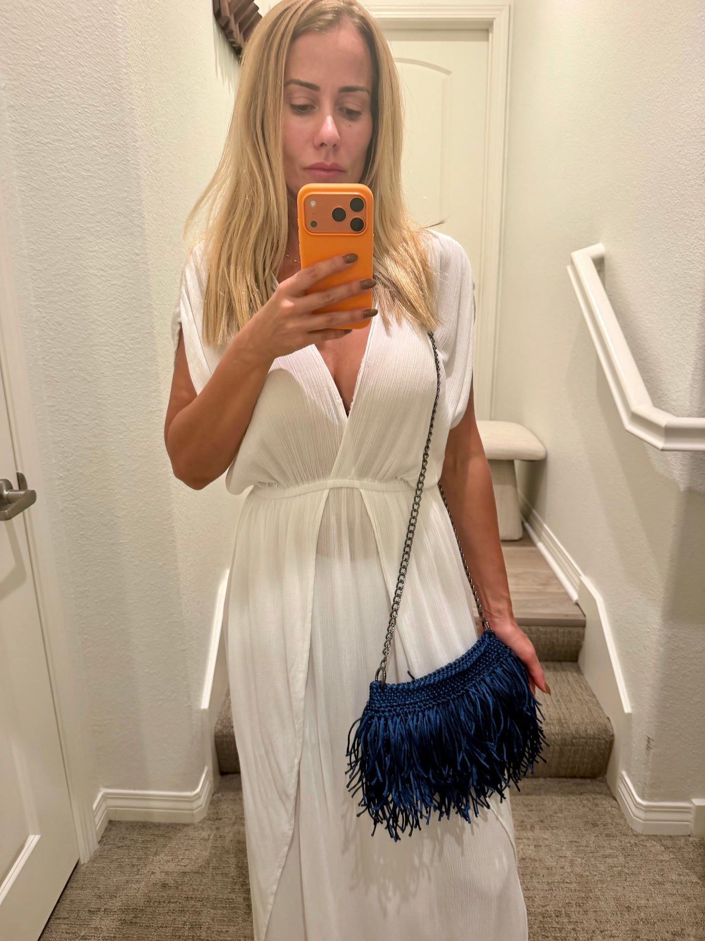Midnight Blue Fringe Crochet Crossbody Bag