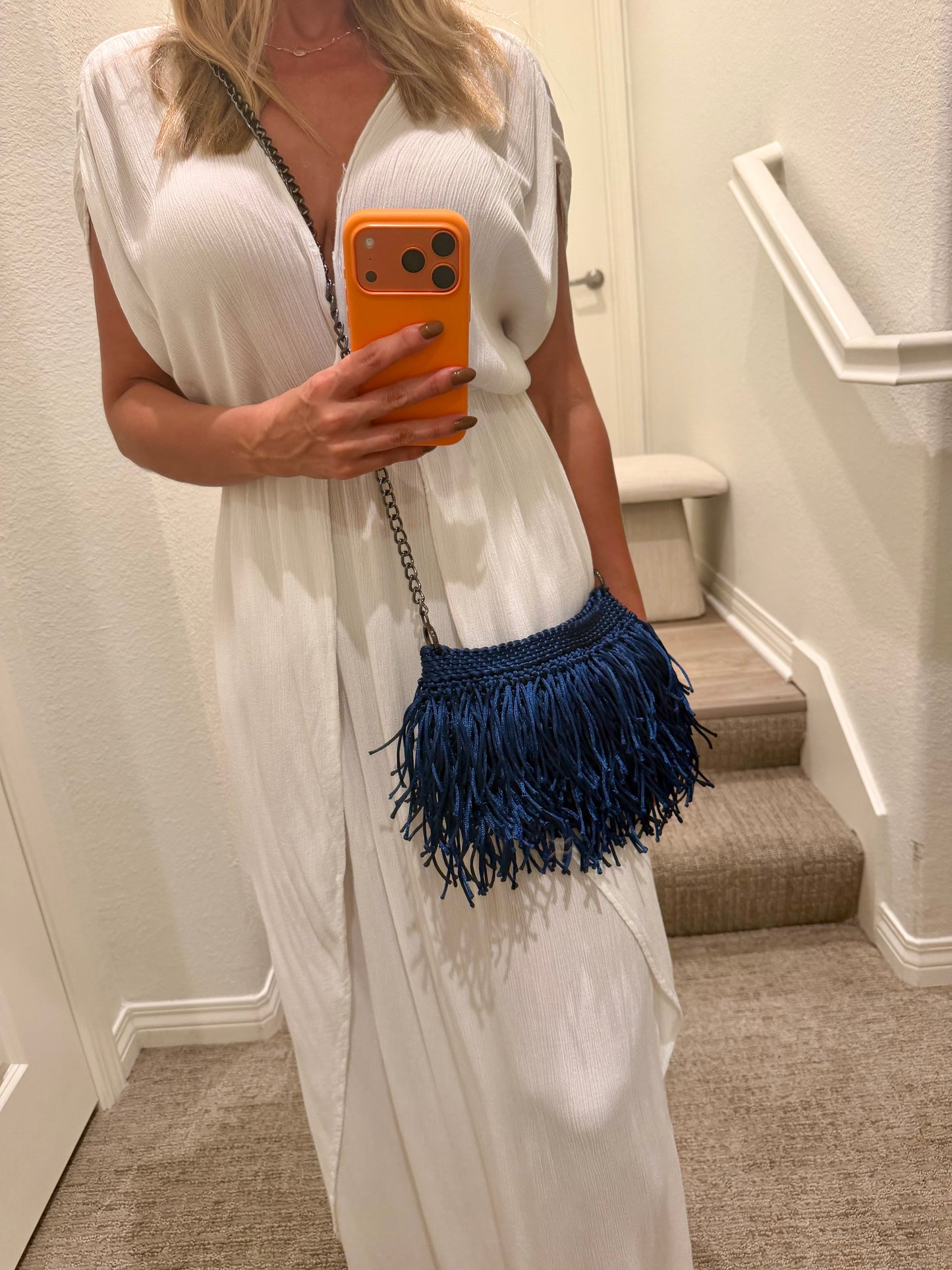 Midnight Blue Fringe Crochet Crossbody Bag