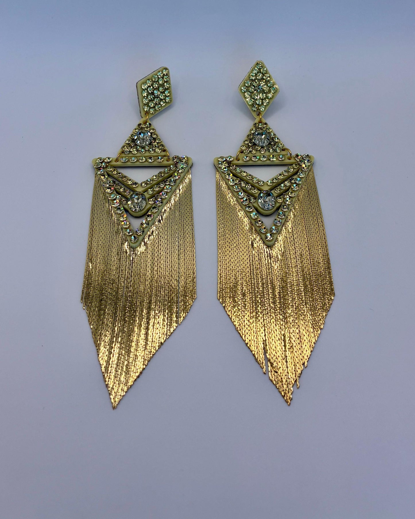 Statement Aqua & Gold Fringe Earrings | Sparkling Rhinestone Boho Jewelry | Unique Geometric Design